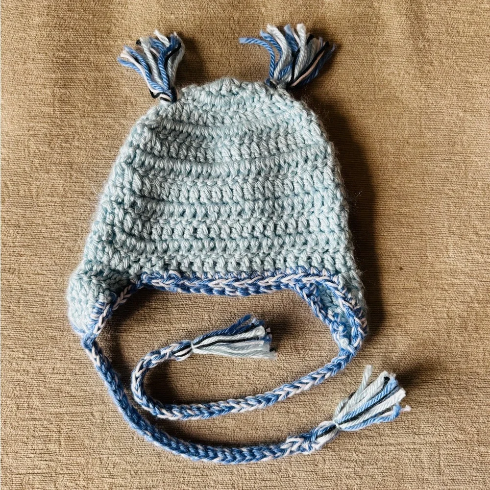 Handmade Crochet Owl Baby Hat 3–6 Months Blue Tassel Earflap